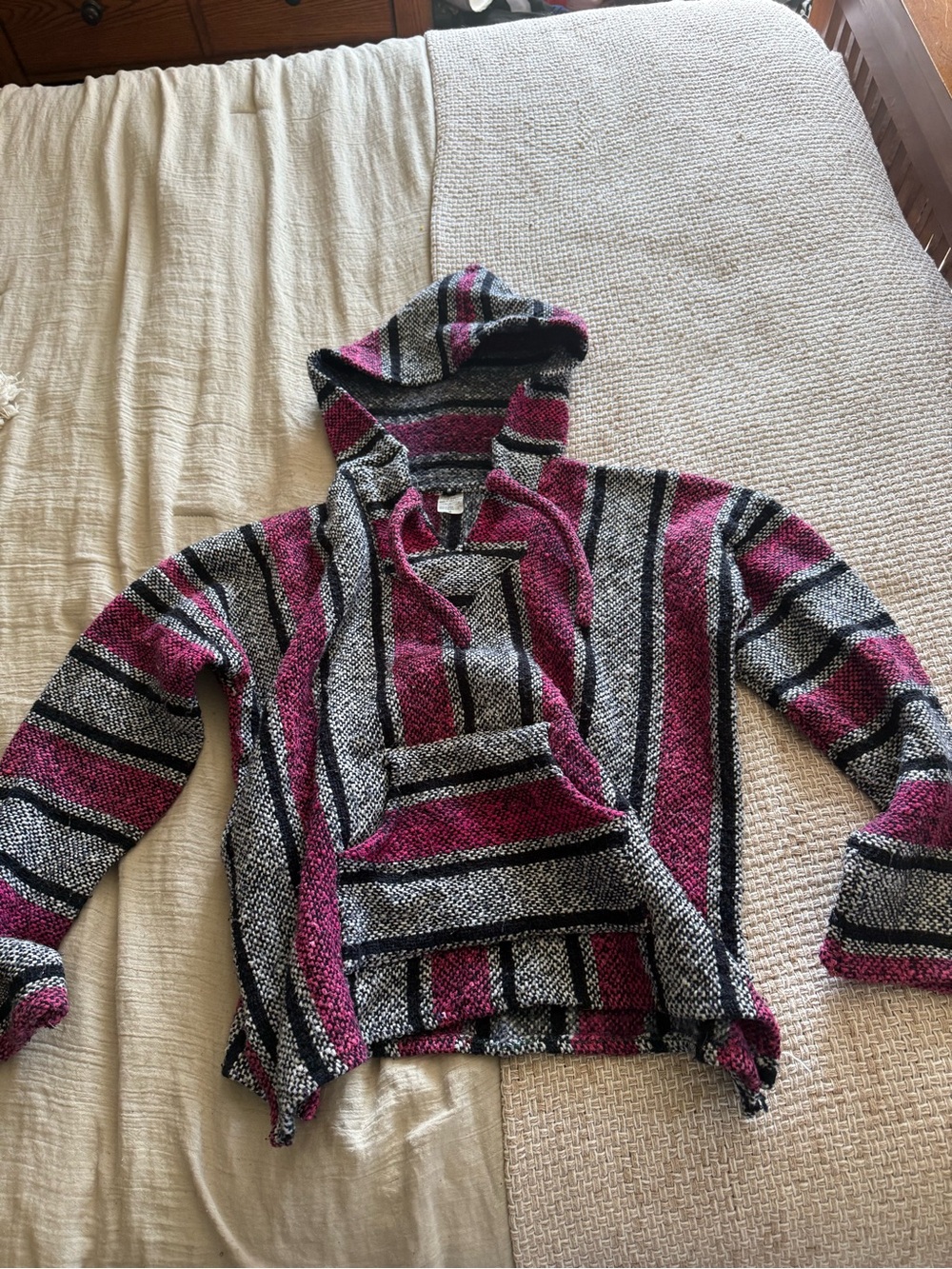 Striped Hooded Baja Sweater in Fuchsia and Gray